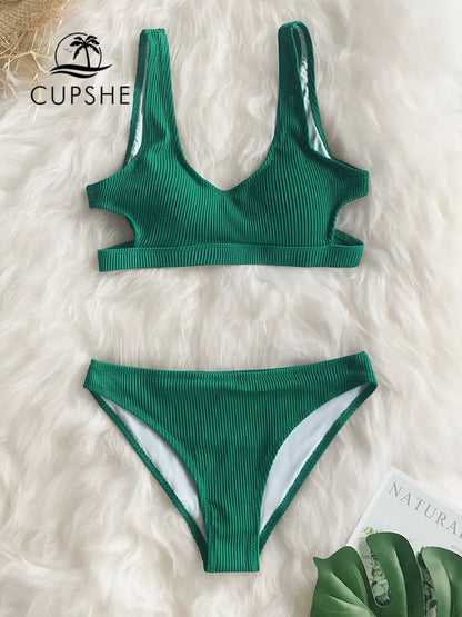 CUPSHE Ribbed Solid Low Waist Bikini Set Plain Hollow Out Padded Two Pieces Swimwear 2023 Women Sexy Tank Top Thong Swimsuits