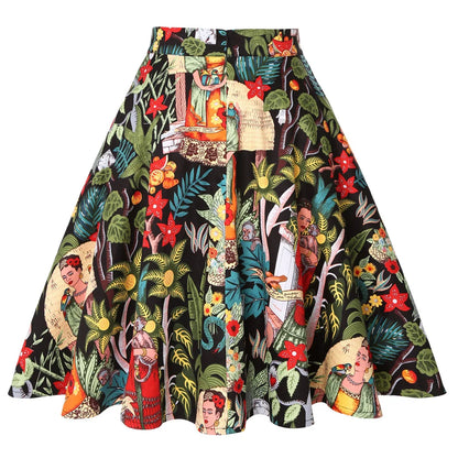 Women's Runway Cotton Retro Vintage Skirt Black Faldas High Waist A Line Rockabilly Jupe 50s Swing Umbrella Skirts Pin Up Skater