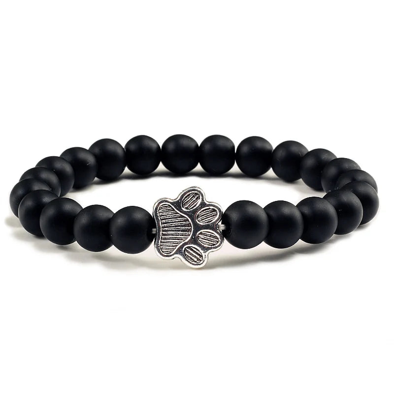 Natural Matte Black Lava Volcanic Stone Paw Print Charm Bracelet Homme Femme Pet Memorial Cat Dog Lovers Jewelry Bracelets Gifts