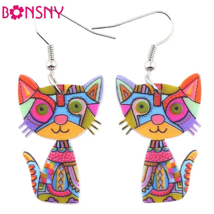 Bonsny Acrylic Cute Cat Earrings For Women Girl Big Long Dangle Earring Fashion Jewelry Gifts New Style Animal Accessories