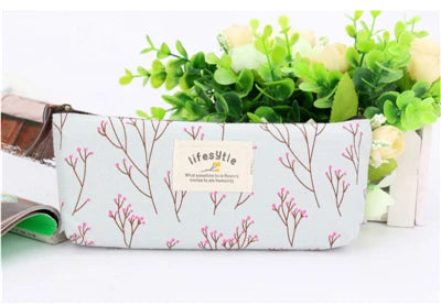 Cute Kawaii Floral Flower Canvas Zipper Pencil Cases Lovely Fabric Flower Tree Pen Bags School Supplies Free shipping