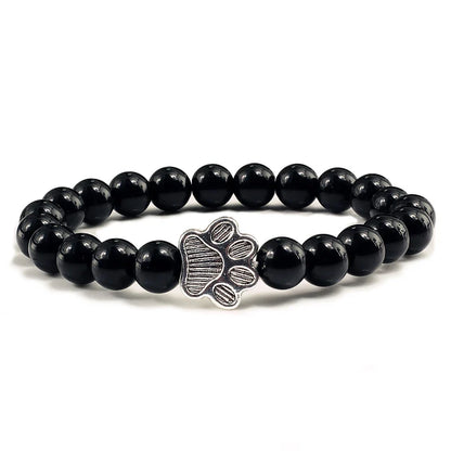 Natural Matte Black Lava Volcanic Stone Paw Print Charm Bracelet Homme Femme Pet Memorial Cat Dog Lovers Jewelry Bracelets Gifts