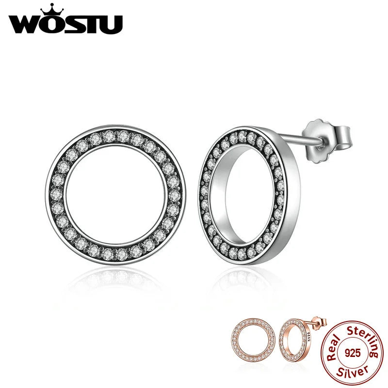 WOSTU Hot Fashion 100% 925 Sterling Silver Lucky Forever Circular Stud Earrings For Women Authentic Original Jewelry Gift