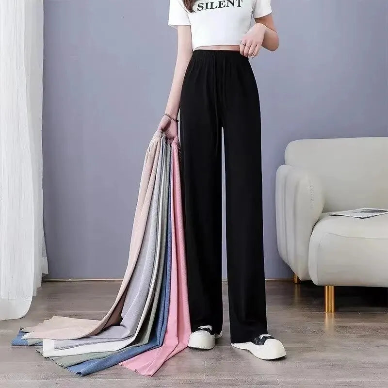 Women Pants Spring Summer Ice Silk Wide Leg Pants 2023 High Waist Loose Straight Casual Pant Female Outdoor Black Trousers