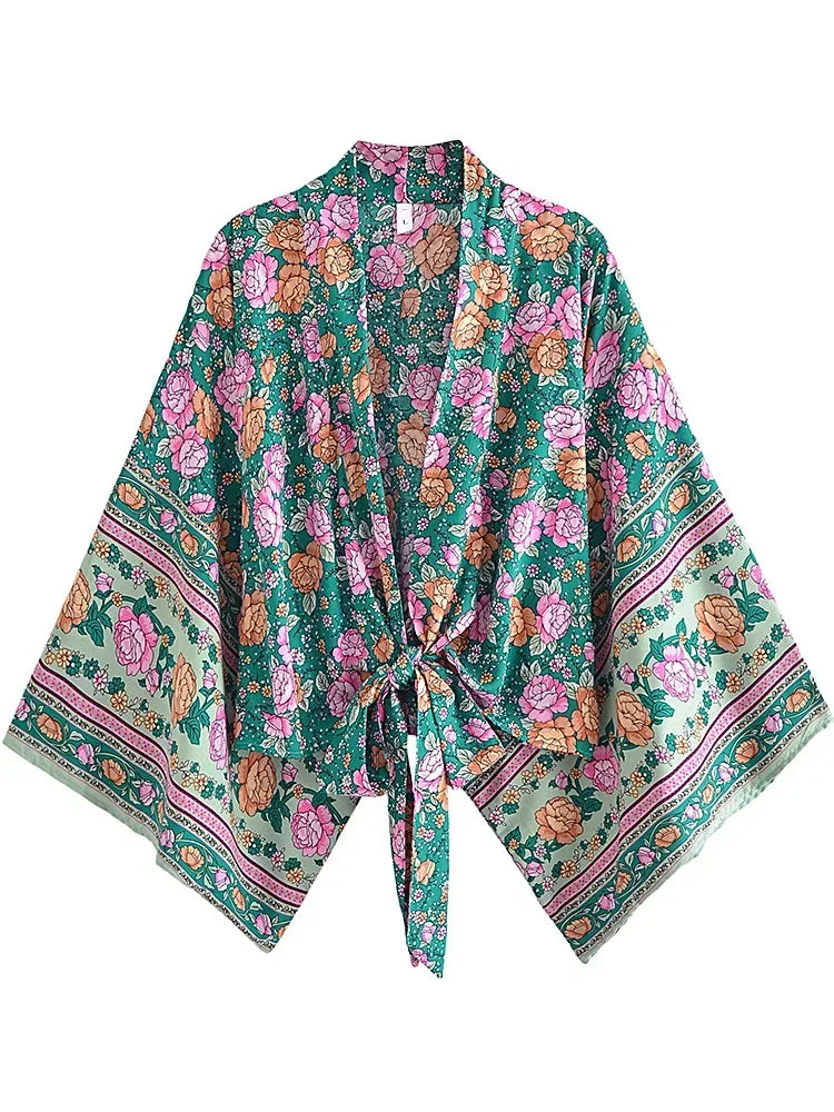 Boho Vintage Floral Print Beach Summer Short Kimono Women Fashion Ladies Casual V Neck Batwing Sleeves Bohemian Cover-ups