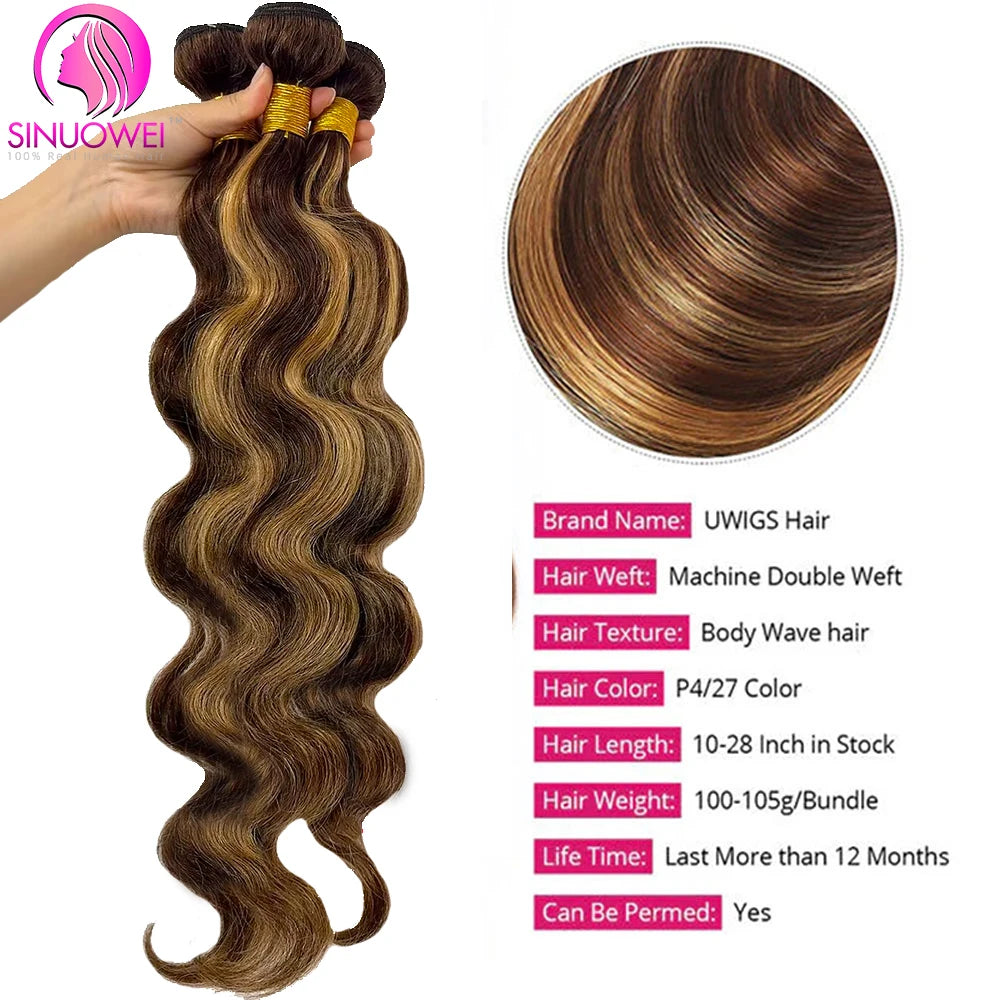 30 32 Inch Highlight Body Wave Bundle 100% Human Hair Bundle P4/27 Honey Brown Brazilian Hair Bundles 1 3 4 Remy Hair Bundle