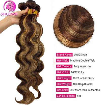 30 32 Inch Highlight Body Wave Bundle 100% Human Hair Bundle P4/27 Honey Brown Brazilian Hair Bundles 1 3 4 Remy Hair Bundle