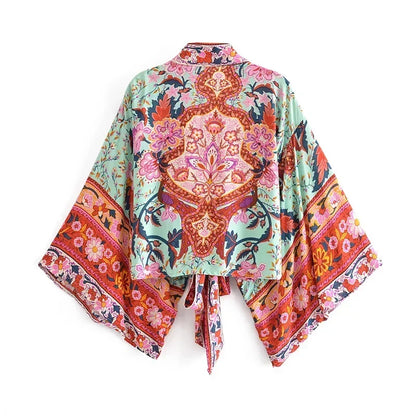 Happie Queens Floral Print Sashes Short  Kimono Women Fashion V Neck Batwing Sleeves Robe Lady Boho Bikini Cover-ups