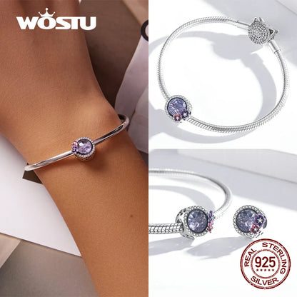 WOSTU 100% Real 925 Sterling Silver Pink Blue Colorful Crystal Radiant Round Charm Beaded Fit Original DIY Bracelet Jewelry Gift