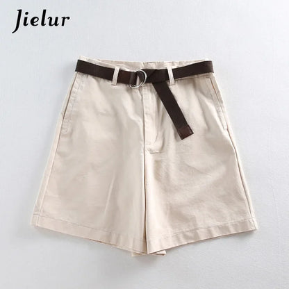 Jielur Shorts All-match 4 Solid Color Sashes Casual Shorts Women A-line High Waist Slim Short Femme Chic S-XXL Ladies Bottom