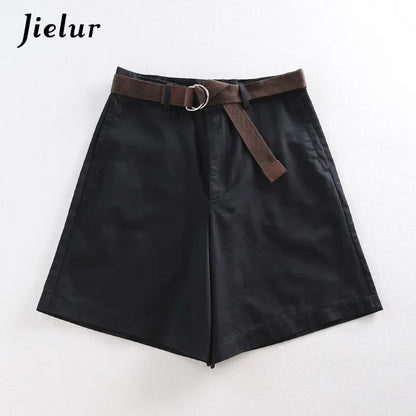 Jielur Shorts All-match 4 Solid Color Sashes Casual Shorts Women A-line High Waist Slim Short Femme Chic S-XXL Ladies Bottom