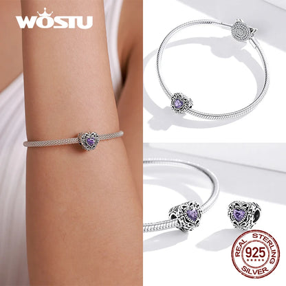 WOSTU 100% Real 925 Sterling Silver Pink Blue Colorful Crystal Radiant Round Charm Beaded Fit Original DIY Bracelet Jewelry Gift