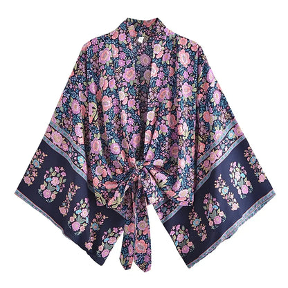 Happie Queens Floral Print Sashes Short  Kimono Women Fashion V Neck Batwing Sleeves Robe Lady Boho Bikini Cover-ups