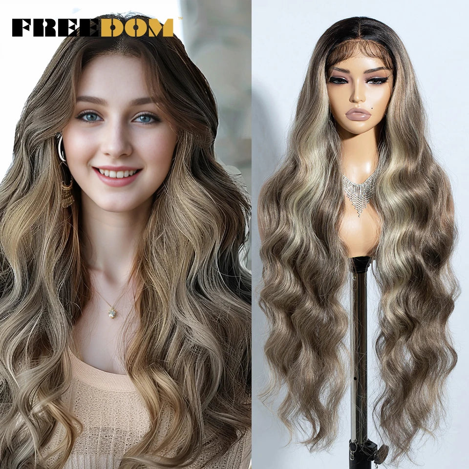 FREEDOM Synthetic Lace Front Wigs For Women 36" Long Body Wave Lace Wig Ombre Brown Blonde Highlight Cosplay Wigs Heat Resistant