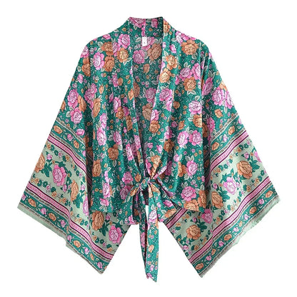 Happie Queens Floral Print Sashes Short  Kimono Women Fashion V Neck Batwing Sleeves Robe Lady Boho Bikini Cover-ups