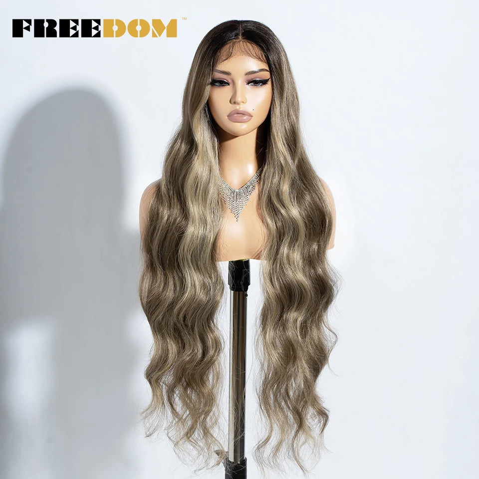 FREEDOM Synthetic Lace Front Wigs For Women 36" Long Body Wave Lace Wig Ombre Brown Blonde Highlight Cosplay Wigs Heat Resistant