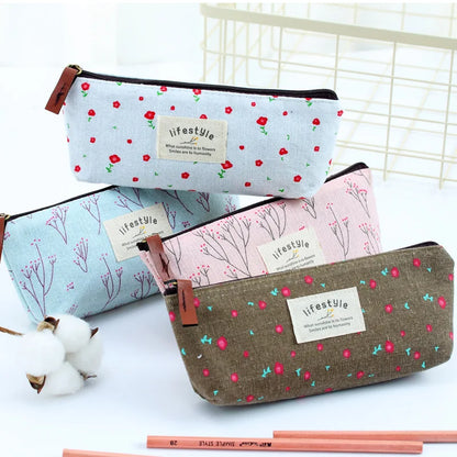 Cute Kawaii Floral Flower Canvas Zipper Pencil Cases Lovely Fabric Flower Tree Pen Bags School Supplies Free shipping