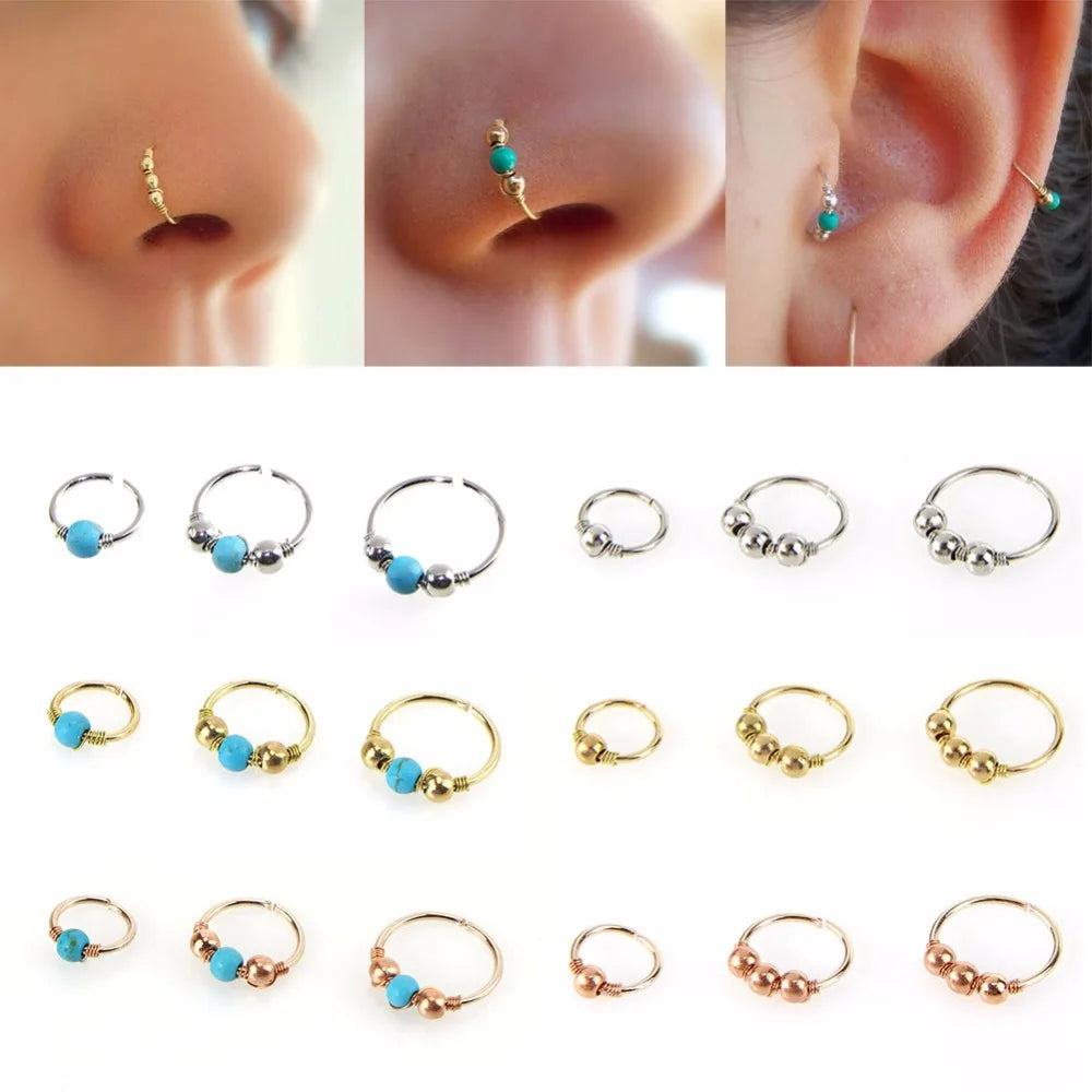 3Pcs/Set Fashion Retro Round Beads Gold Color Nose Ring For Women Nostril Hoop Body Piercing Jewelry #382789