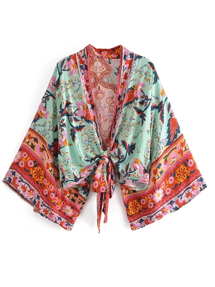 Boho Vintage Floral Print Beach Summer Short Kimono Women Fashion Ladies Casual V Neck Batwing Sleeves Bohemian Cover-ups