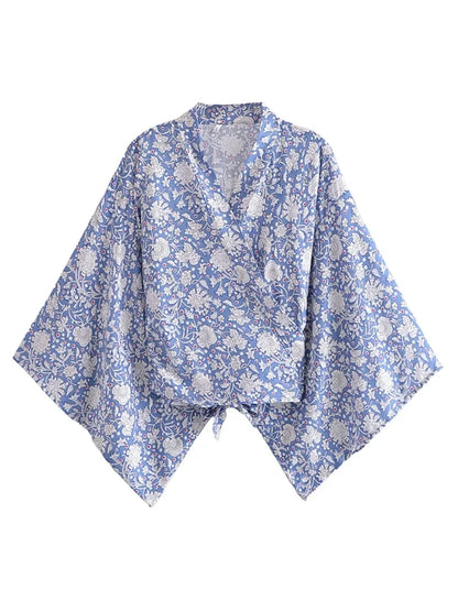 Boho Vintage Floral Print Beach Summer Short Kimono Women Fashion Ladies Casual V Neck Batwing Sleeves Bohemian Cover-ups