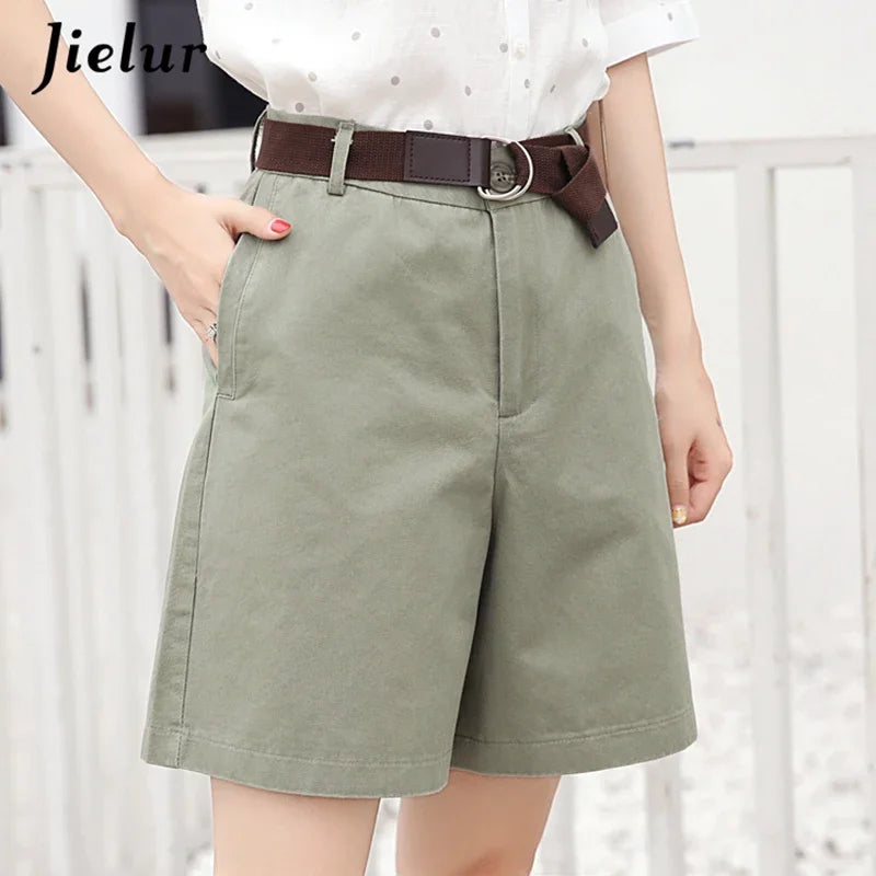 Jielur Shorts All-match 4 Solid Color Sashes Casual Shorts Women A-line High Waist Slim Short Femme Chic S-XXL Ladies Bottom