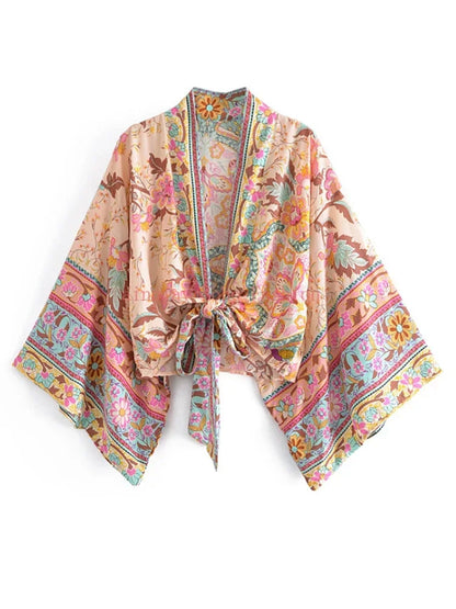 Boho Vintage Floral Print Beach Summer Short Kimono Women Fashion Ladies Casual V Neck Batwing Sleeves Bohemian Cover-ups