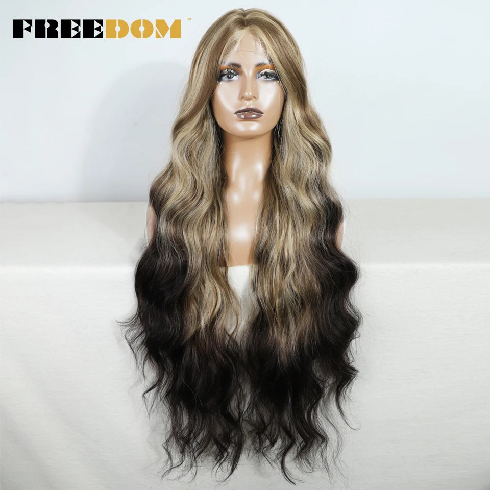 FREEDOM Synthetic Lace Front Wigs For Women 36" Long Body Wave Lace Wig Ombre Brown Blonde Highlight Cosplay Wigs Heat Resistant