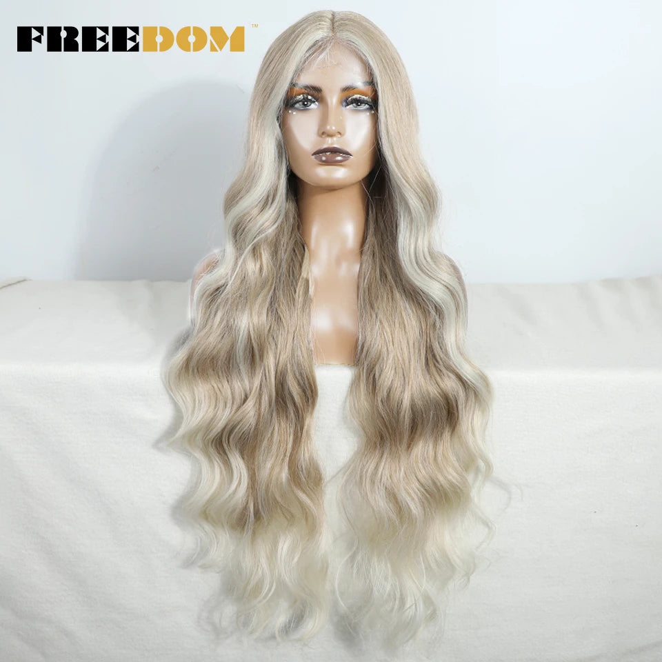 FREEDOM Synthetic Lace Front Wigs For Women 36" Long Body Wave Lace Wig Ombre Brown Blonde Highlight Cosplay Wigs Heat Resistant