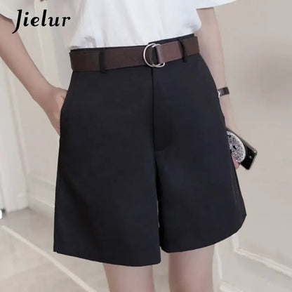 Jielur Shorts All-match 4 Solid Color Sashes Casual Shorts Women A-line High Waist Slim Short Femme Chic S-XXL Ladies Bottom