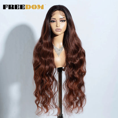 FREEDOM Synthetic Lace Front Wigs For Women 36" Long Body Wave Lace Wig Ombre Brown Blonde Highlight Cosplay Wigs Heat Resistant