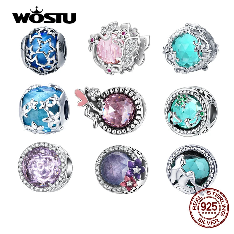 WOSTU 100% Real 925 Sterling Silver Pink Blue Colorful Crystal Radiant Round Charm Beaded Fit Original DIY Bracelet Jewelry Gift