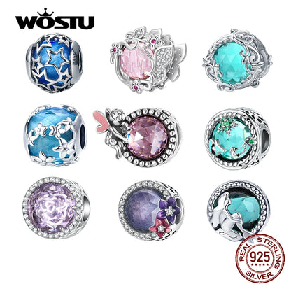 WOSTU 100% Real 925 Sterling Silver Pink Blue Colorful Crystal Radiant Round Charm Beaded Fit Original DIY Bracelet Jewelry Gift