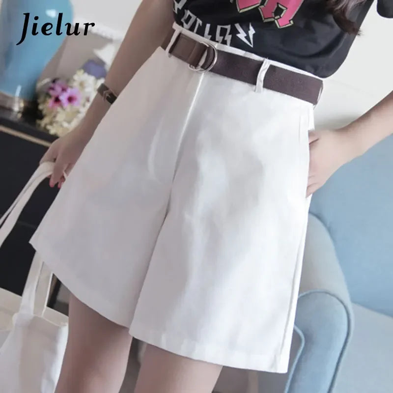 Jielur Shorts All-match 4 Solid Color Sashes Casual Shorts Women A-line High Waist Slim Short Femme Chic S-XXL Ladies Bottom