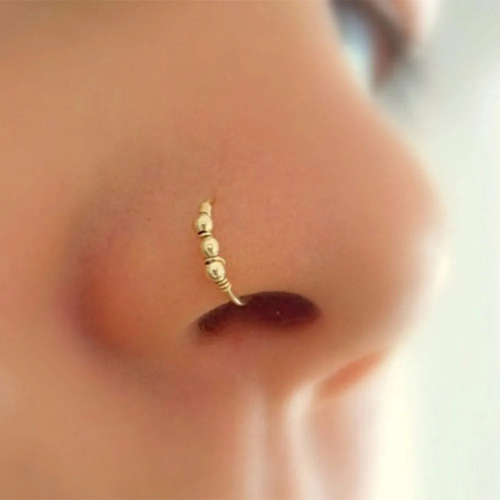 3Pcs/Set Fashion Retro Round Beads Gold Color Nose Ring For Women Nostril Hoop Body Piercing Jewelry #382789