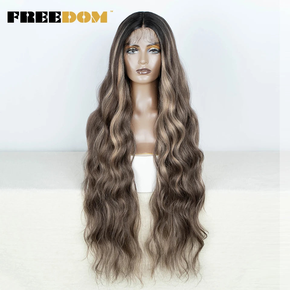 FREEDOM Synthetic Lace Front Wigs For Women 36" Long Body Wave Lace Wig Ombre Brown Blonde Highlight Cosplay Wigs Heat Resistant