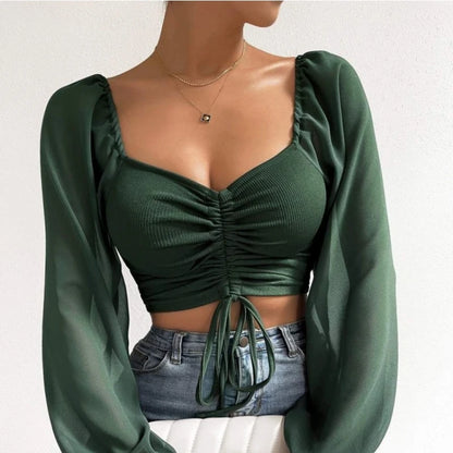 ALLUKASA Sexy Mesh Lantern Sleeves Drawstring Wrap Chest Bare Midriff T Shirt Women Long Sleeves Bottoming