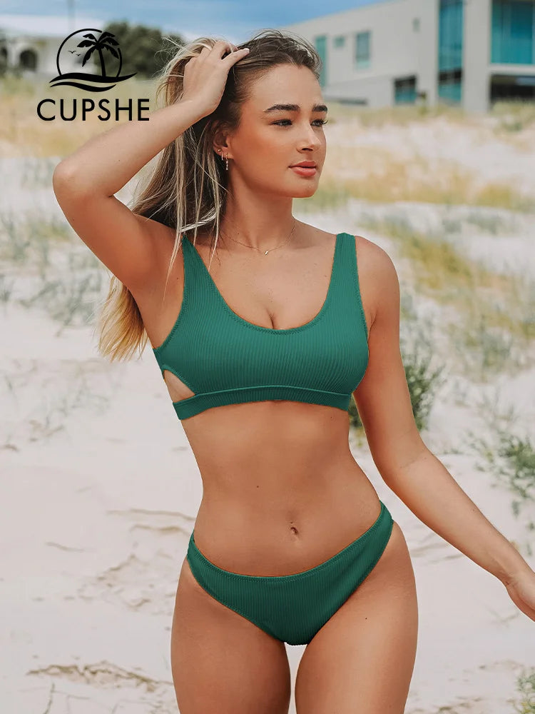 CUPSHE Ribbed Solid Low Waist Bikini Set Plain Hollow Out Padded Two Pieces Swimwear 2023 Women Sexy Tank Top Thong Swimsuits