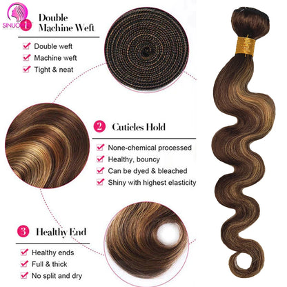 30 32 Inch Highlight Body Wave Bundle 100% Human Hair Bundle P4/27 Honey Brown Brazilian Hair Bundles 1 3 4 Remy Hair Bundle