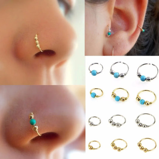 3Pcs/Set Fashion Retro Round Beads Gold Color Nose Ring For Women Nostril Hoop Body Piercing Jewelry #382789