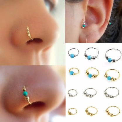 3Pcs/Set Fashion Retro Round Beads Gold Color Nose Ring For Women Nostril Hoop Body Piercing Jewelry #382789