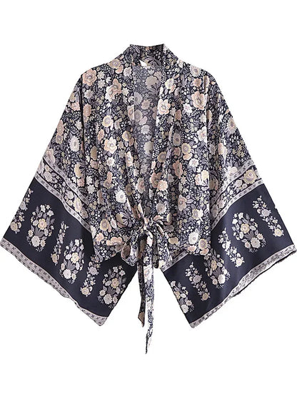 Boho Vintage Floral Print Beach Summer Short Kimono Women Fashion Ladies Casual V Neck Batwing Sleeves Bohemian Cover-ups