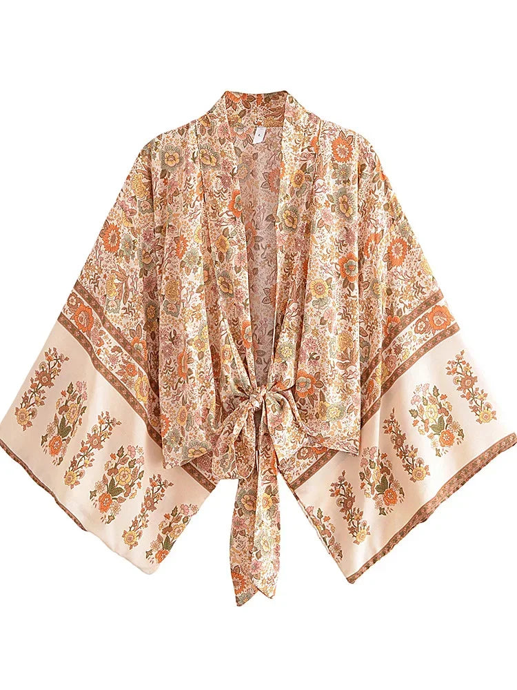 Boho Vintage Floral Print Beach Summer Short Kimono Women Fashion Ladies Casual V Neck Batwing Sleeves Bohemian Cover-ups