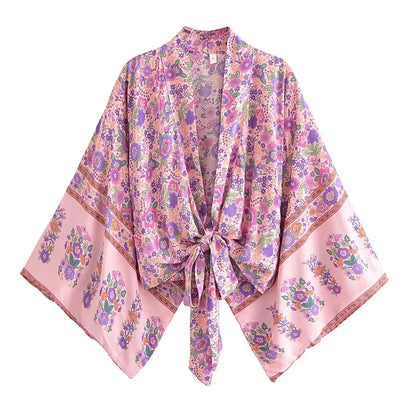 Happie Queens Floral Print Sashes Short  Kimono Women Fashion V Neck Batwing Sleeves Robe Lady Boho Bikini Cover-ups