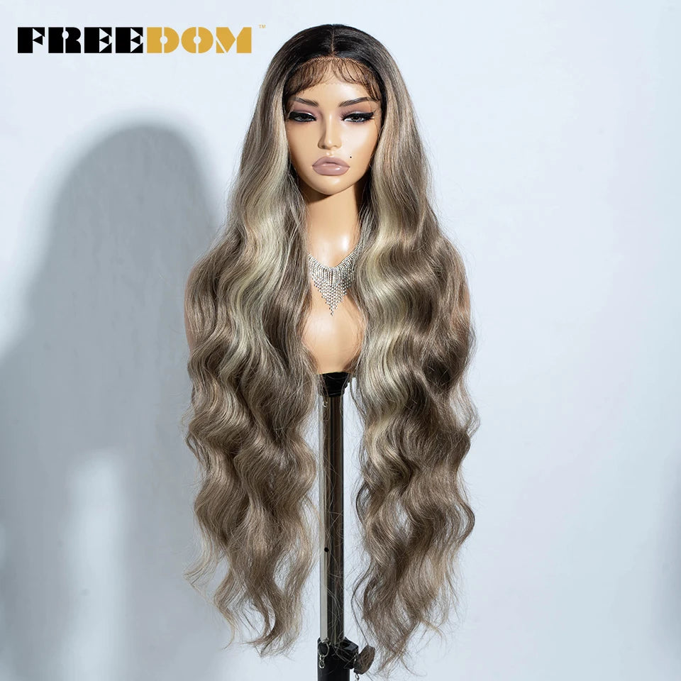 FREEDOM Synthetic Lace Front Wigs For Women 36" Long Body Wave Lace Wig Ombre Brown Blonde Highlight Cosplay Wigs Heat Resistant