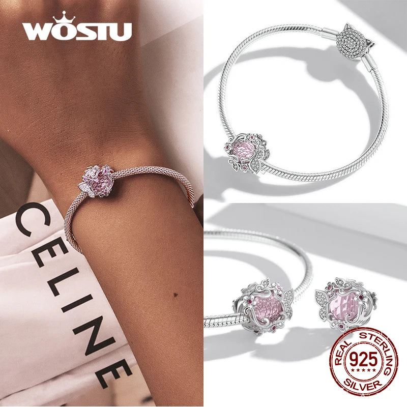 WOSTU 100% Real 925 Sterling Silver Pink Blue Colorful Crystal Radiant Round Charm Beaded Fit Original DIY Bracelet Jewelry Gift