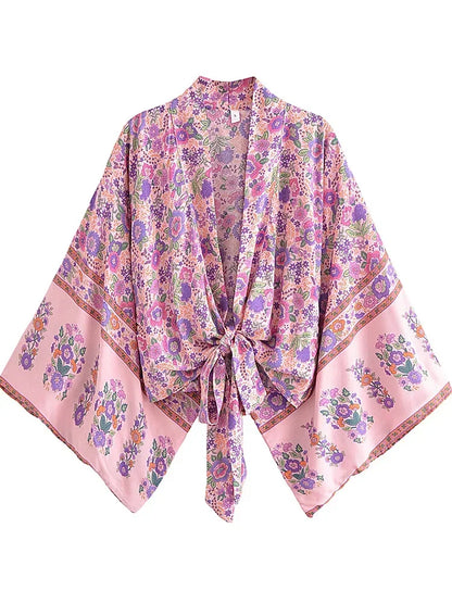 Boho Vintage Floral Print Beach Summer Short Kimono Women Fashion Ladies Casual V Neck Batwing Sleeves Bohemian Cover-ups