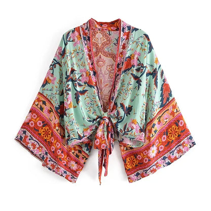 Happie Queens Floral Print Sashes Short  Kimono Women Fashion V Neck Batwing Sleeves Robe Lady Boho Bikini Cover-ups