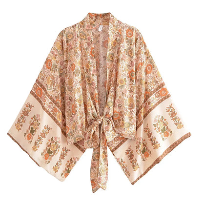 Happie Queens Floral Print Sashes Short  Kimono Women Fashion V Neck Batwing Sleeves Robe Lady Boho Bikini Cover-ups