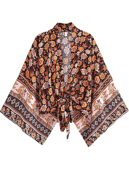 Boho Vintage Floral Print Beach Summer Short Kimono Women Fashion Ladies Casual V Neck Batwing Sleeves Bohemian Cover-ups