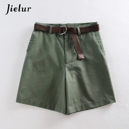 Jielur Shorts All-match 4 Solid Color Sashes Casual Shorts Women A-line High Waist Slim Short Femme Chic S-XXL Ladies Bottom